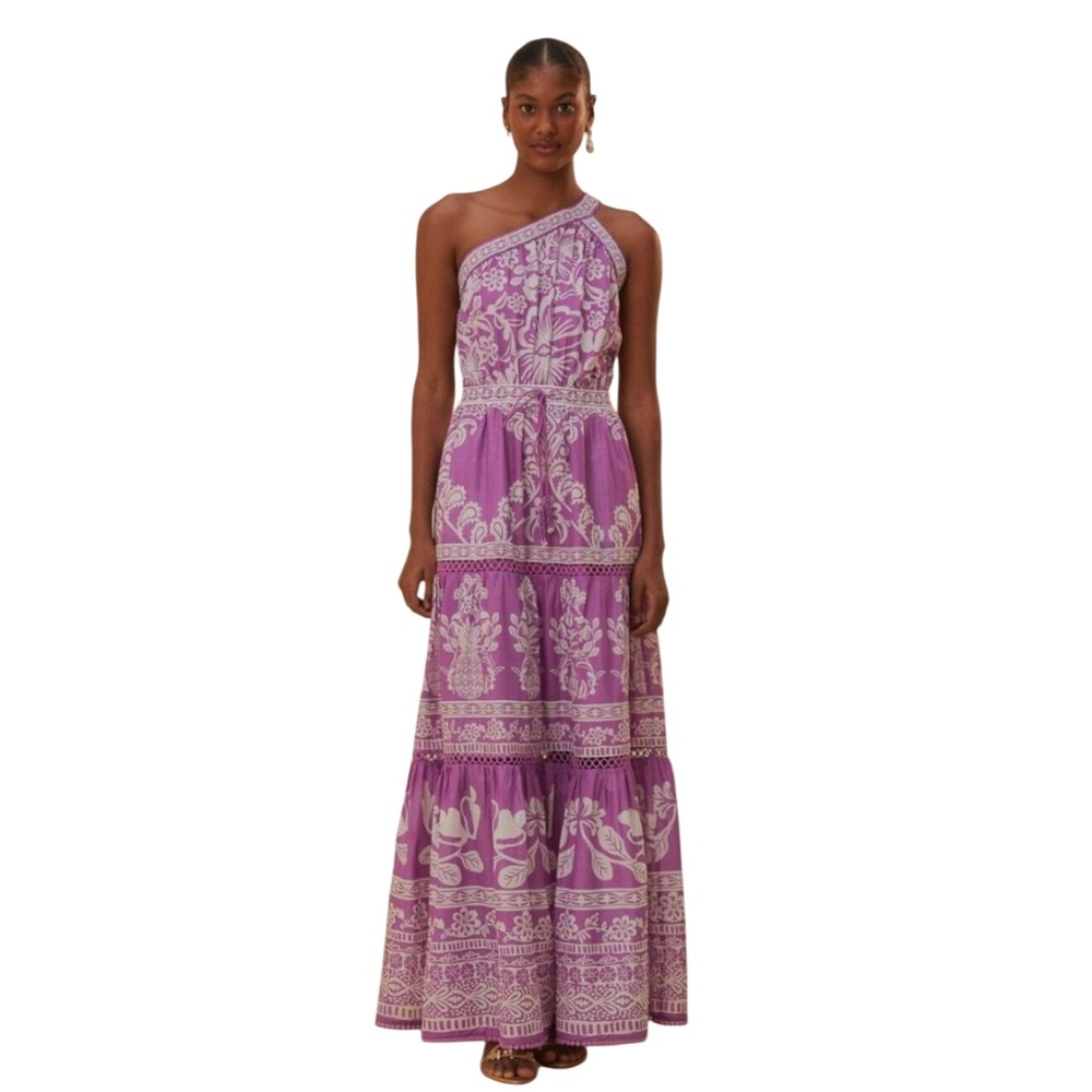 Farm Rio Purple White Tapestry One Shoulder Tiered Maxi Dress L Boho EUC